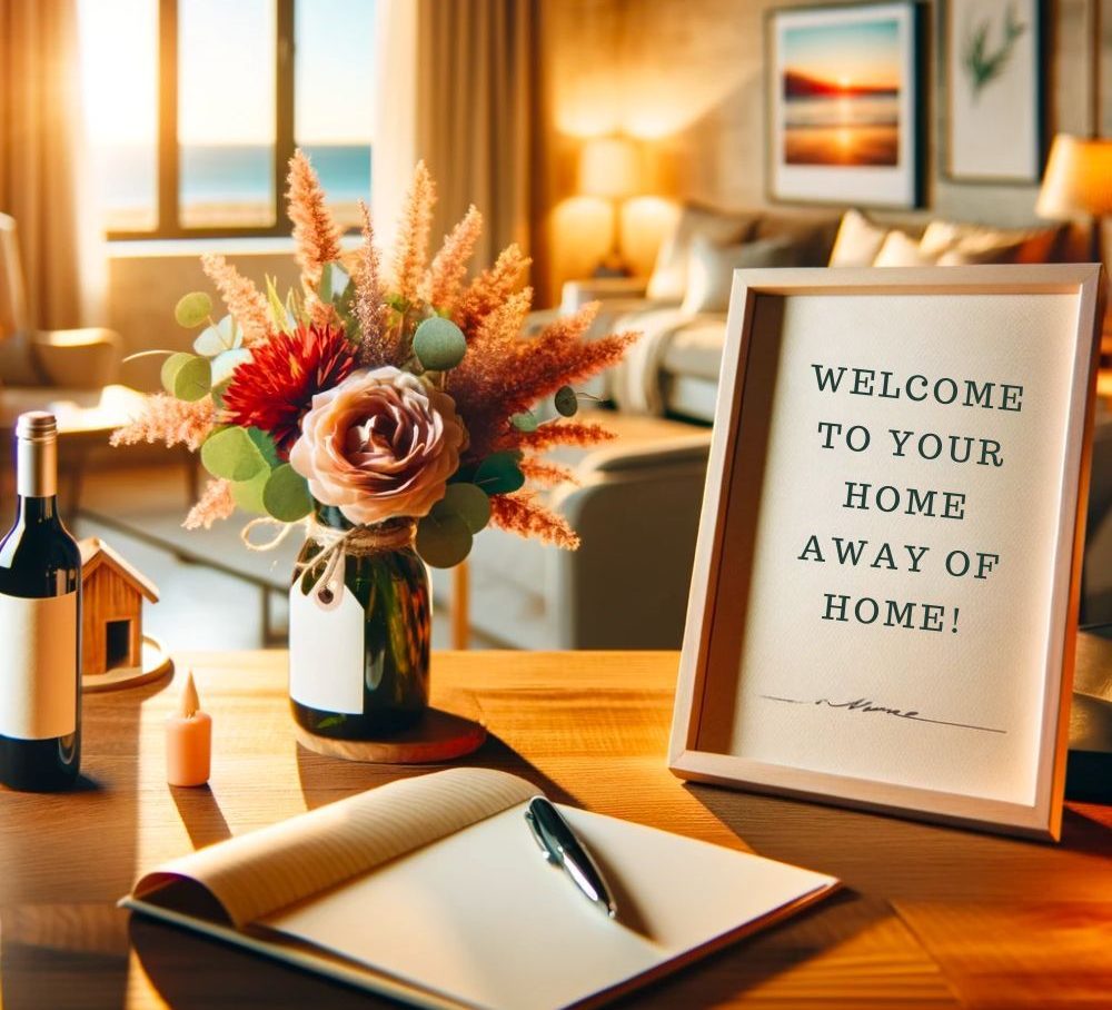 A table with a notepad and a picture frame and a vase of flowers branding your vacation rental