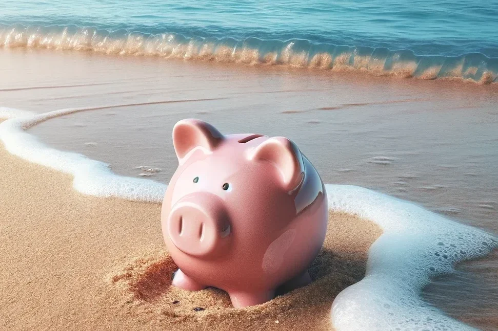 a pink piggy bank on the beach sowing an affordable vacation idea