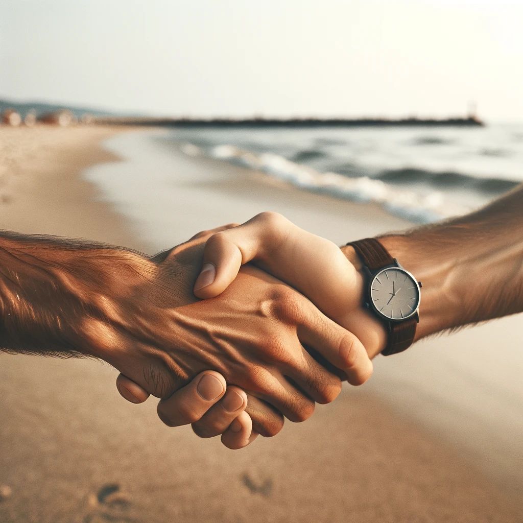 A hands shaking on a beach
