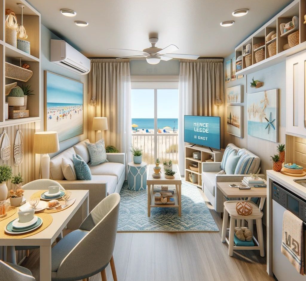 A living room with a table and chairs in a vacation rental property in NSB