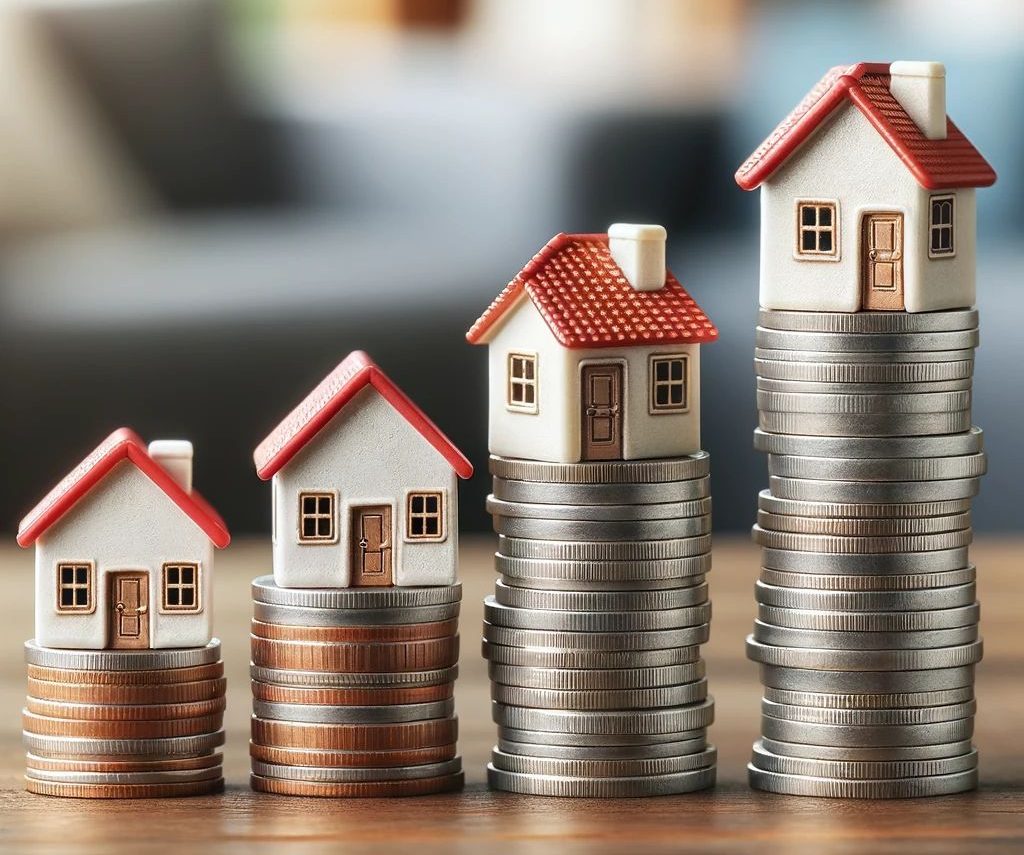 A stack of coins with small houses on top representing vacation rental investments